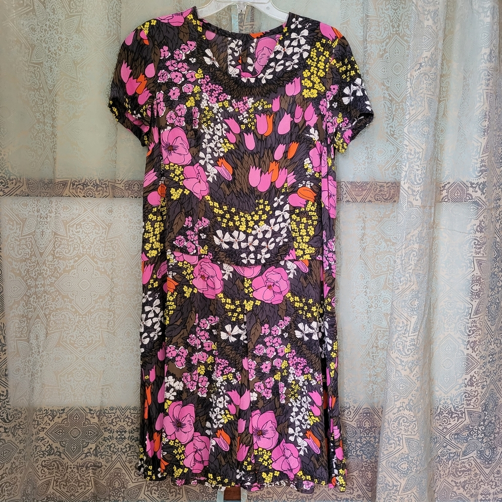 Vtg 60s silk floral drop waist midi dress M